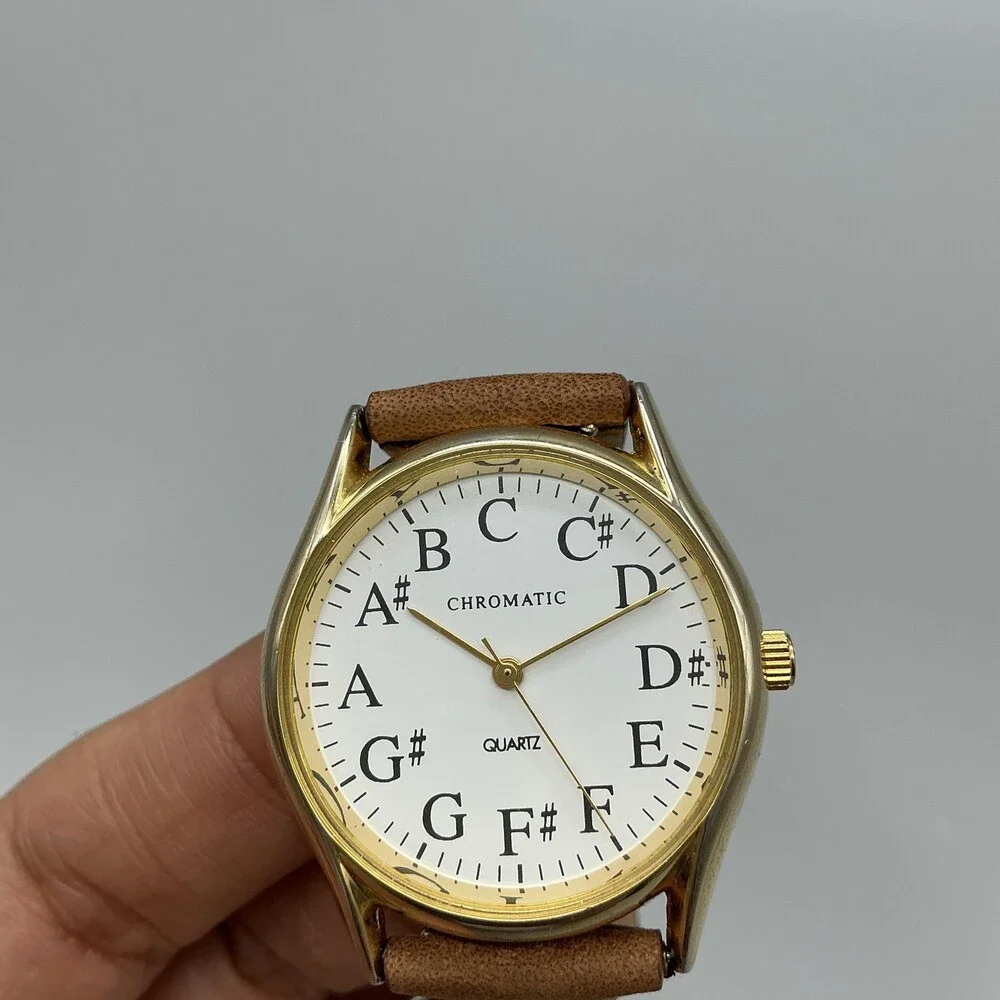 Chromatic Womens Watch 33mm Musical Note Dial Leather Gold Tone New Battery